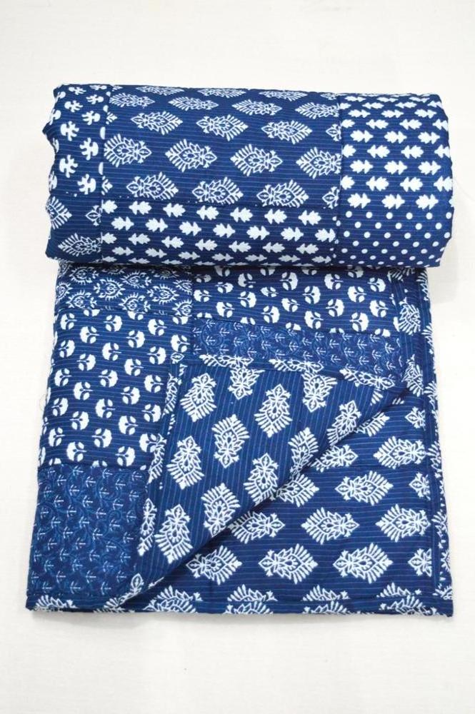 Handmade Indigo Kantha Baby Blanket Cotton Filled Reversible Patchwork Blue Baby Quilt