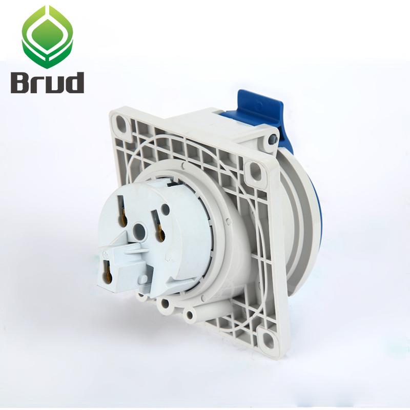 230v 32amp 3pin 6 phase ip44 blue panel mounted angle socket