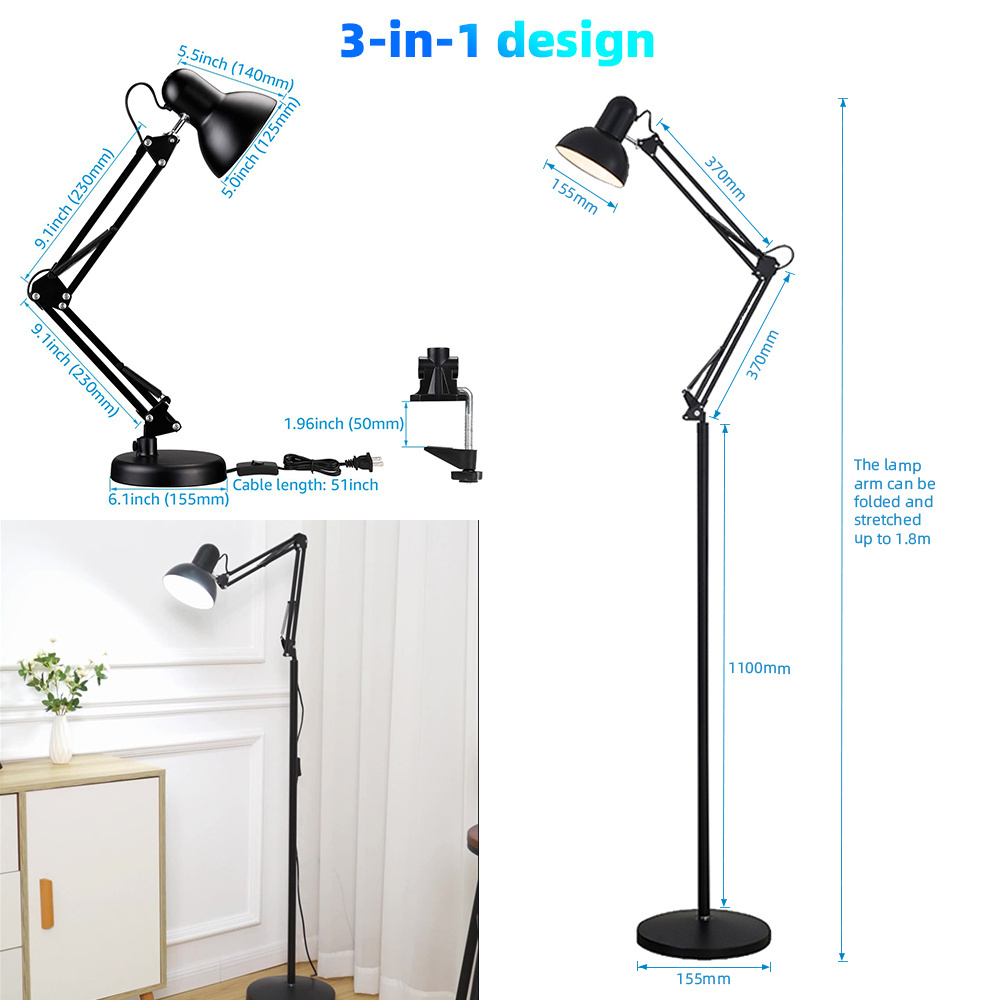 home office work study reading 3 in 1 design metal adjustable industrial long swing arm gooseneck floor lamp