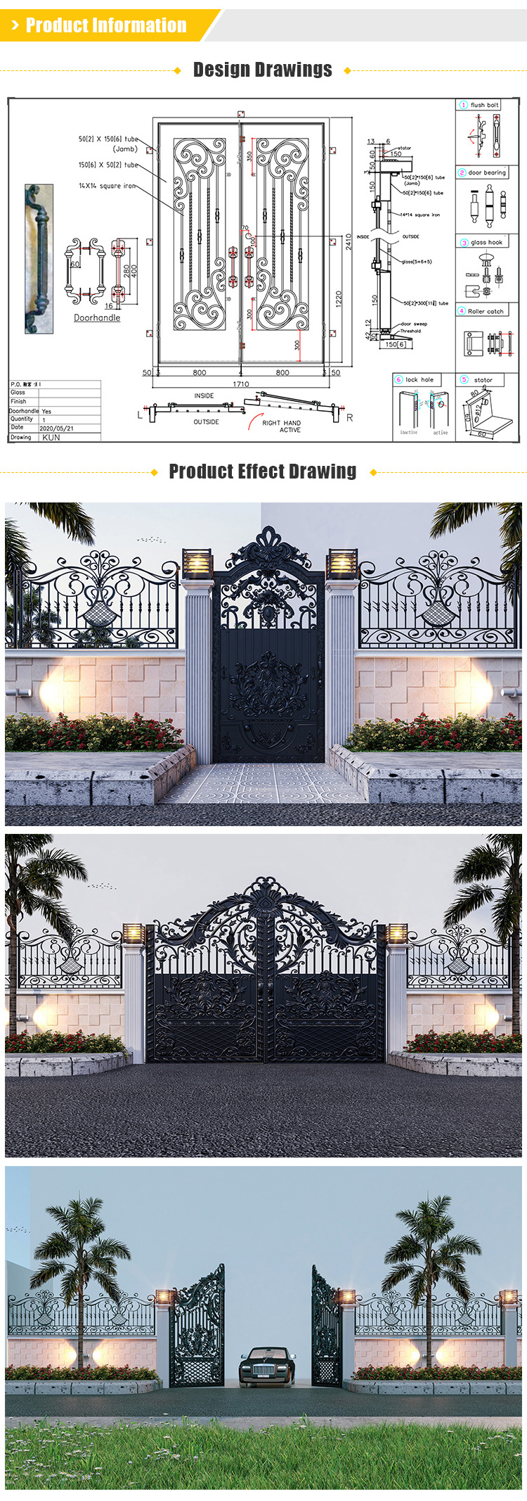 Good Market Ready Sale Exterior Door Double Ornamental Wrought Iron Door Front Entry Door