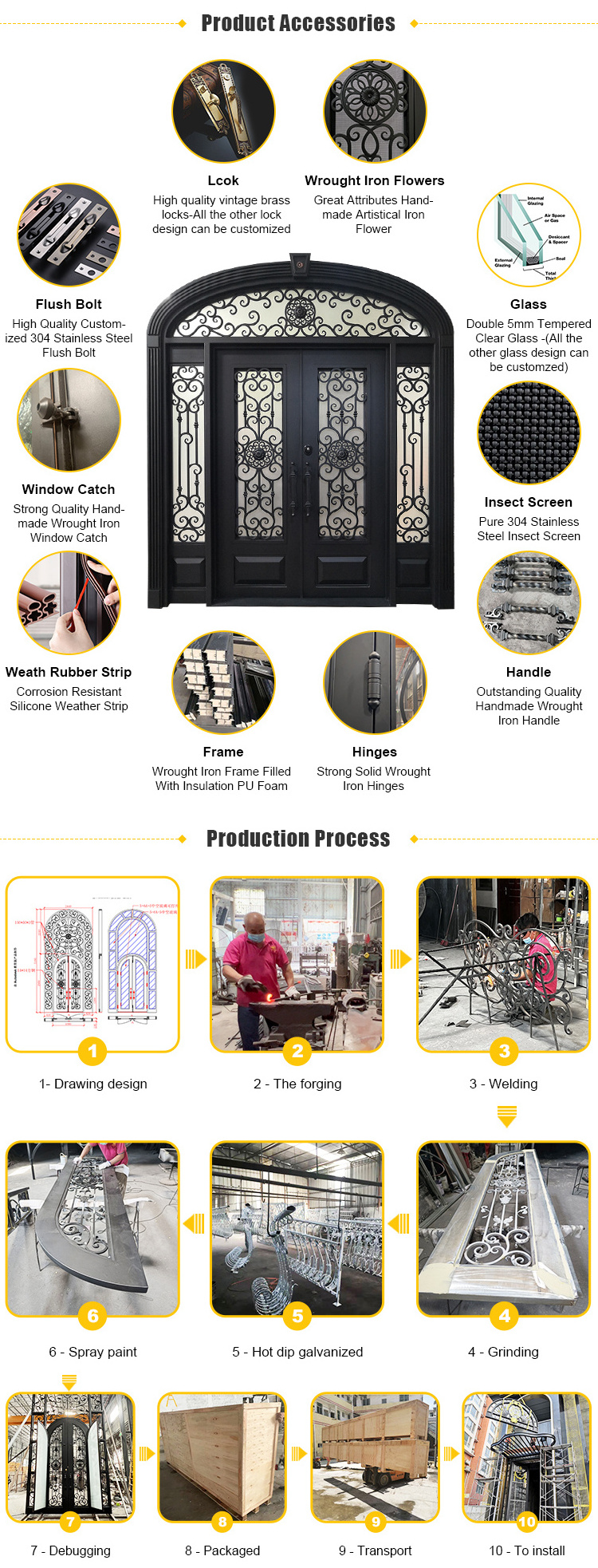 Good Market Ready Sale Exterior Door Double Ornamental Wrought Iron Door Front Entry Door