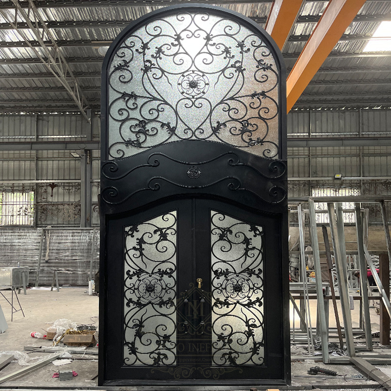 Fire Resistant Waterproof Wrought Iron Glass Entry Door Iron Exterior Door