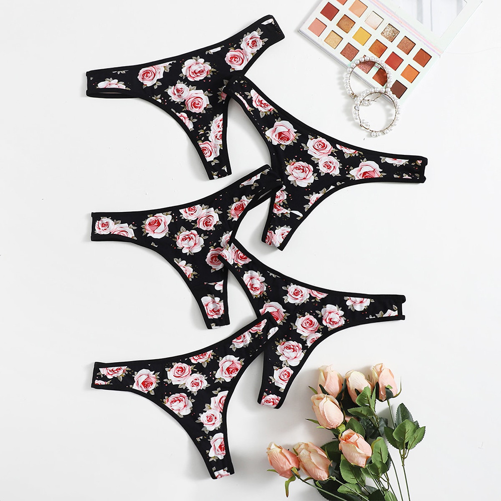 Custom Black Briefs With Beauty Rose Pattern Women Underwear Lingerie Panties Thongs For Woman