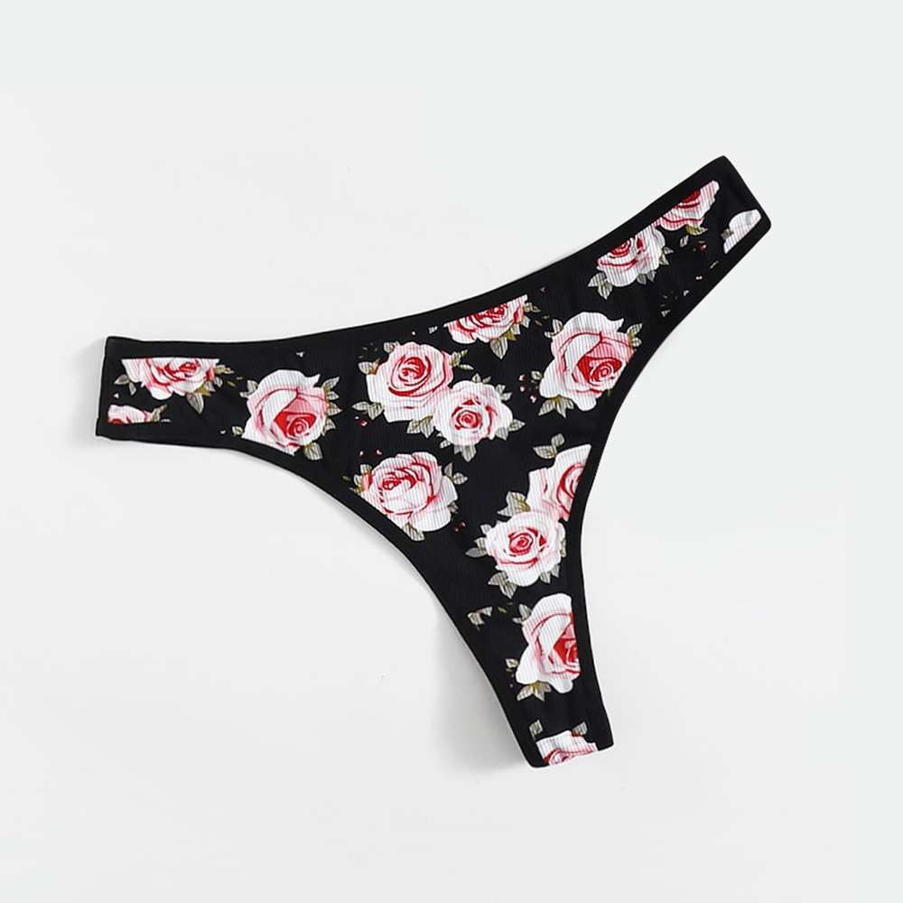 Custom Black Briefs With Beauty Rose Pattern Women Underwear Lingerie Panties Thongs For Woman