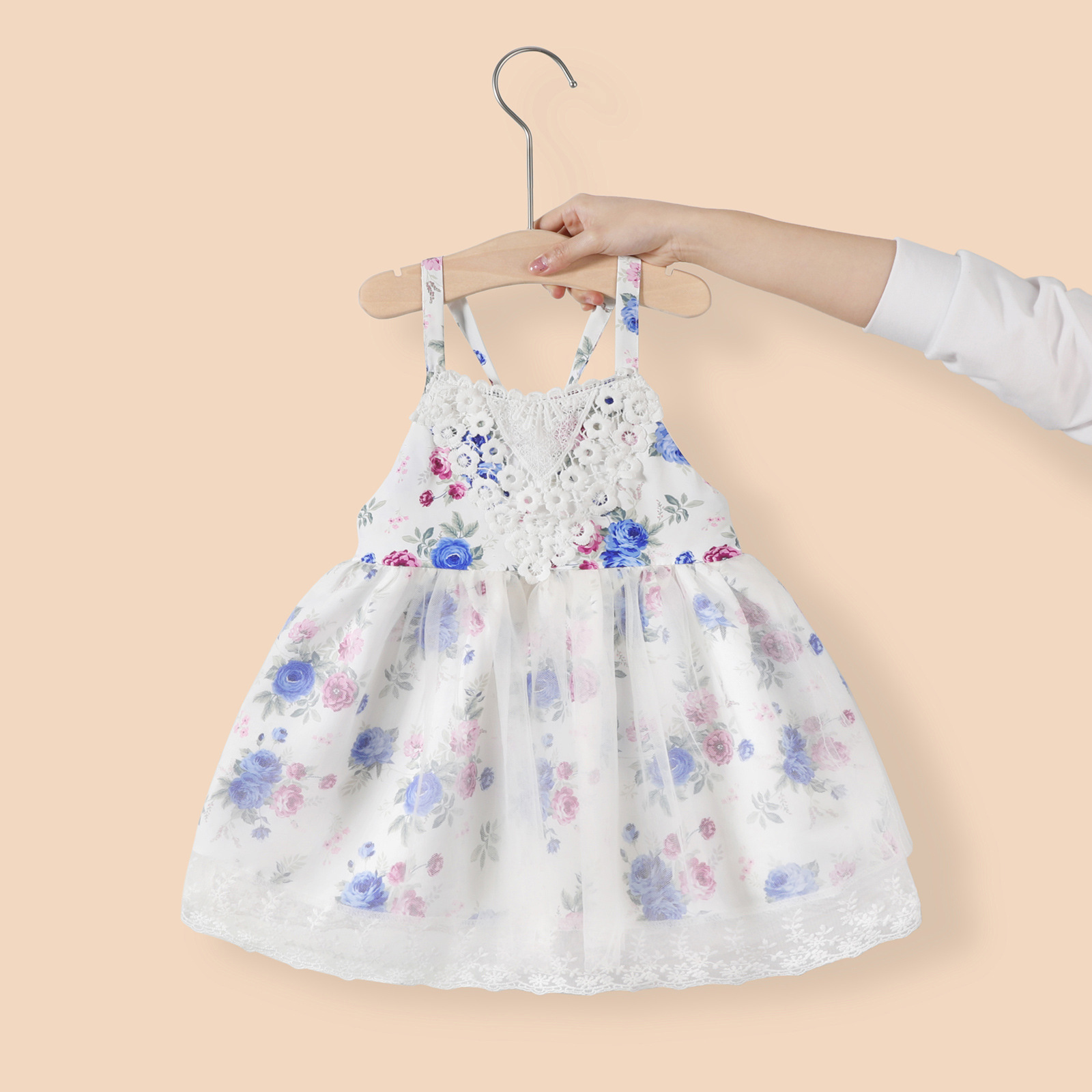 Sweet Girl Summer Floral Party Dresses Sleeveless Strap Baby Girl Daisy Flower Print Tulle Mesh Princess Dress