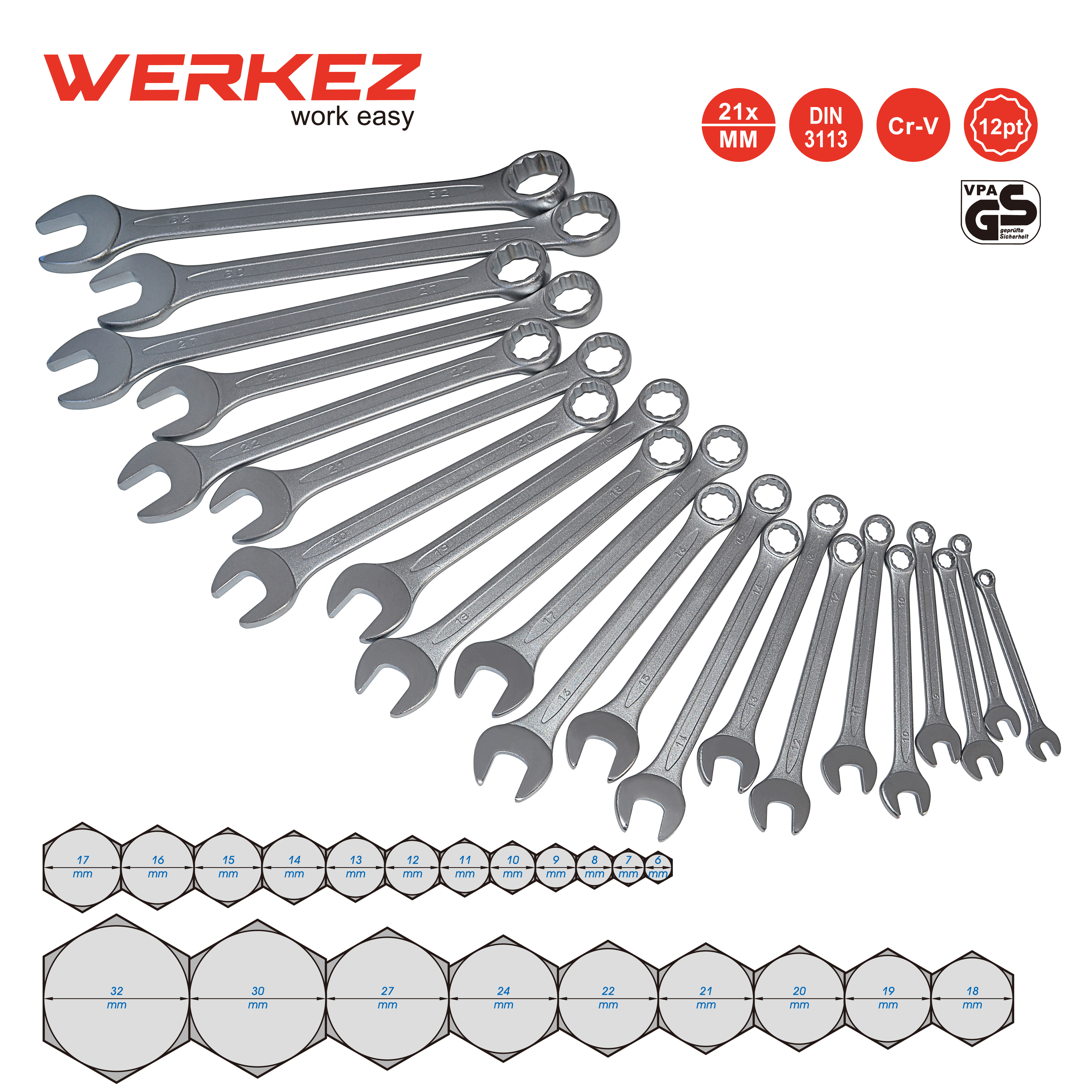 Werkez High Quality CR-V 21PC Metric  Combination Spanner Tool Set