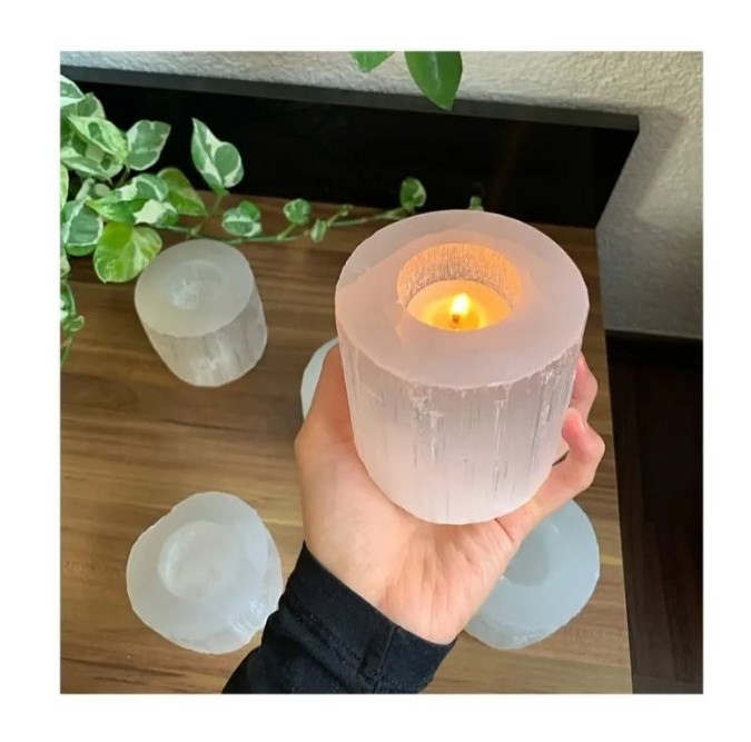 Wholesale Round Shape WHITE SELENITE CANDLE HOLDER Natural Meditation Healing Selenite Crystal Candle Holder For Home Decoration