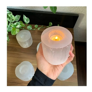 Wholesale Round Shape WHITE SELENITE CANDLE HOLDER Natural Meditation Healing Selenite Crystal Candle Holder For Home Decoration