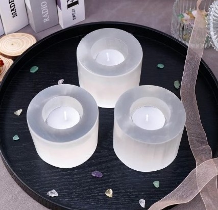 Wholesale Round Shape WHITE SELENITE CANDLE HOLDER Natural Meditation Healing Selenite Crystal Candle Holder For Home Decoration