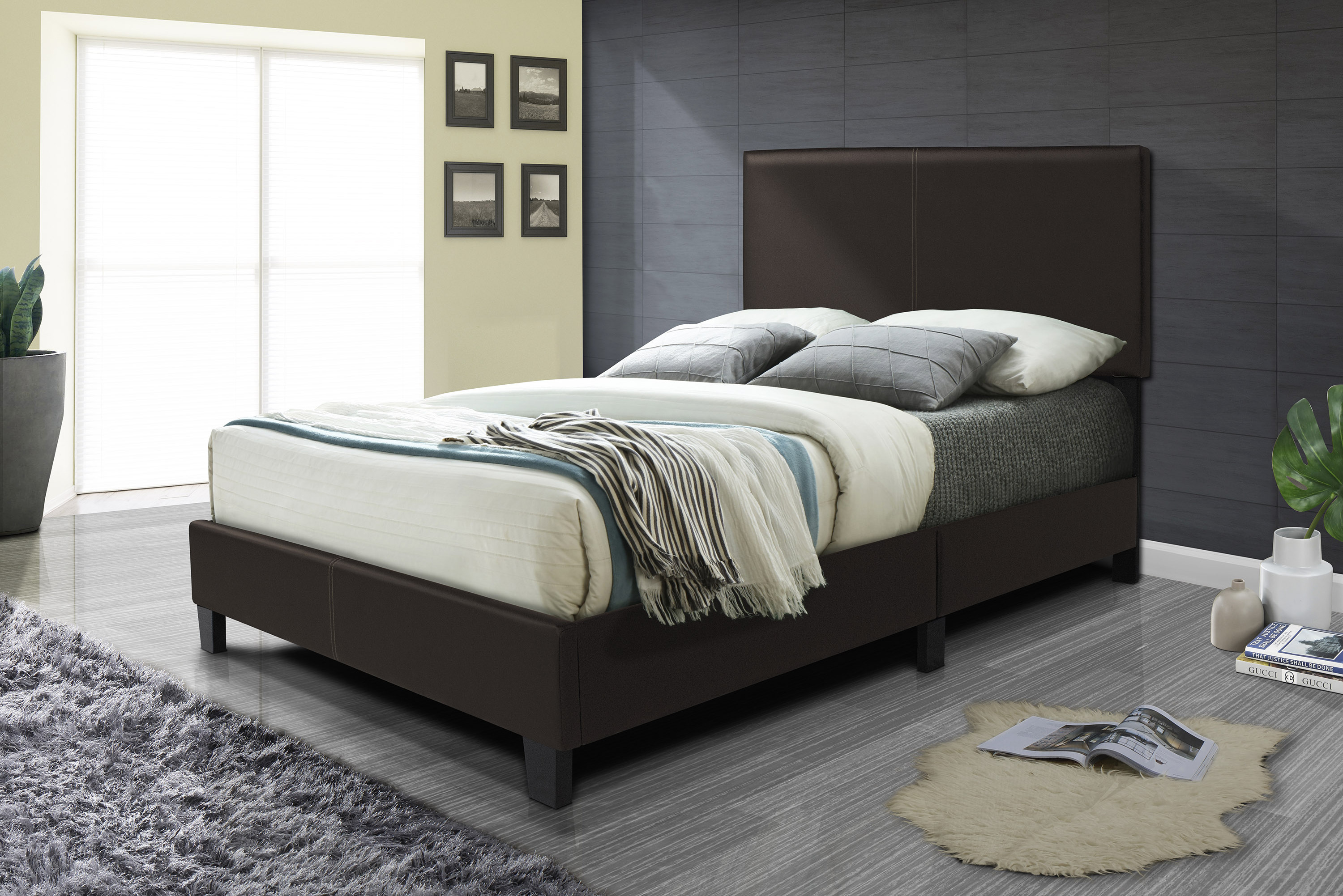 Highly Recommended Florence Series Best Selling Bedroom Upholstered Premium PVC Quality Bed In Dark Brown Full Size available