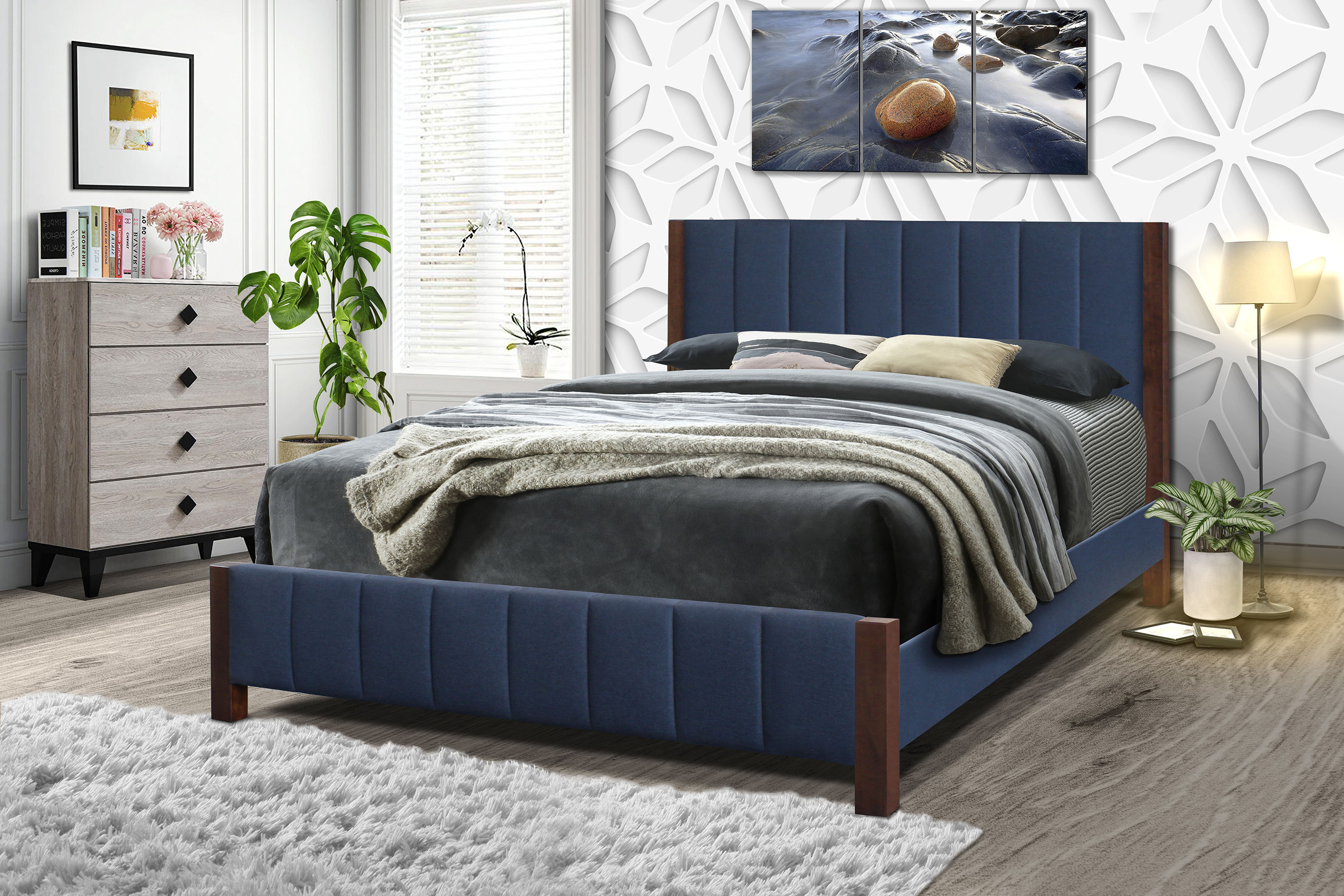 Wholesale Factory Price Latest Design Genesis Upholstered Linen Bed Solid Wood Leg Design Modern Blue Linen Twin Size Bed