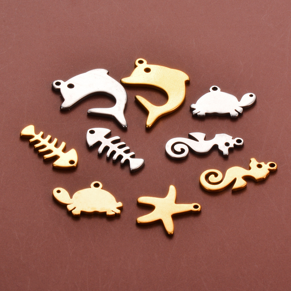 Dolphins Seahorses Fish Bones Turtles Starfish Charms Stainless Steel PVD 18K Gold Plated Heart DIY Jewelry Accessories