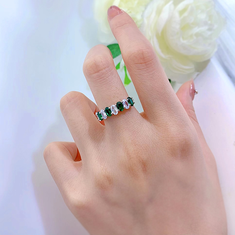 Trendy 925 Sterling Silver Green Gemstone Rings 5A Cubic Zirconia White Gold Plated Anniversary Band Rhodium Plated Jewelry