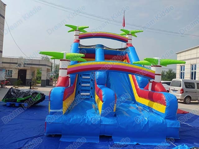 Happy Kiddie Toys factory direct sale palm tree screamer inflatable water slide, inflatable wet dry slide with detachable pool