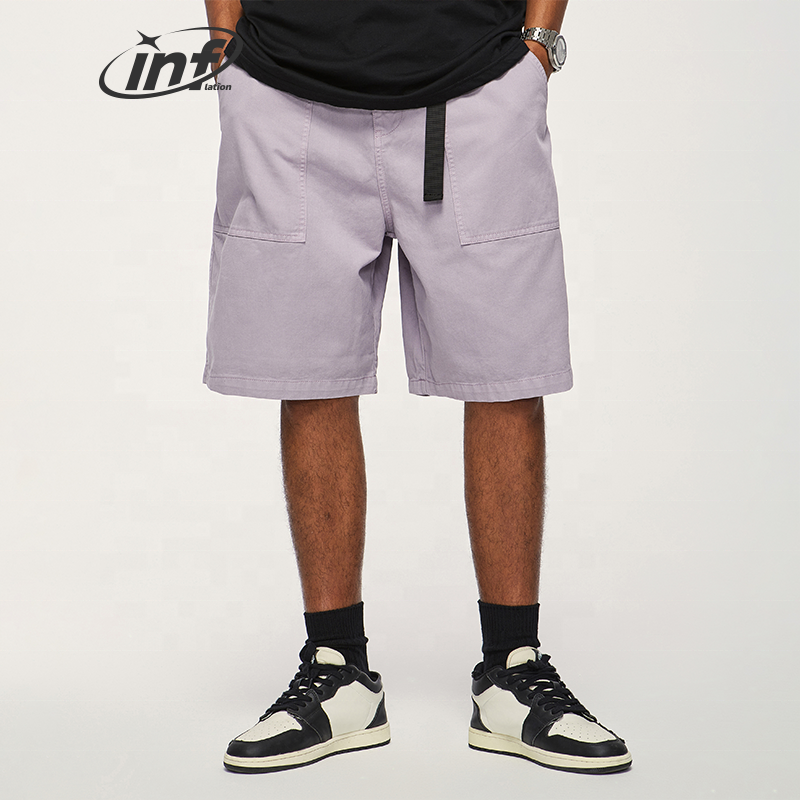 INFLATION Twill Cargo Wide Leg Pink Shorts Black Belt Waist Adjustable Summer Knee Men Shorts