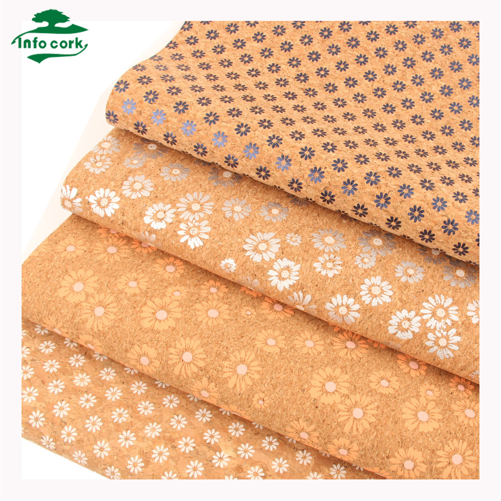 Info Cork factory direct supply printed navy sunflower daisy cork fabric leather sheet for DIY handwork notebook wallpaper cover