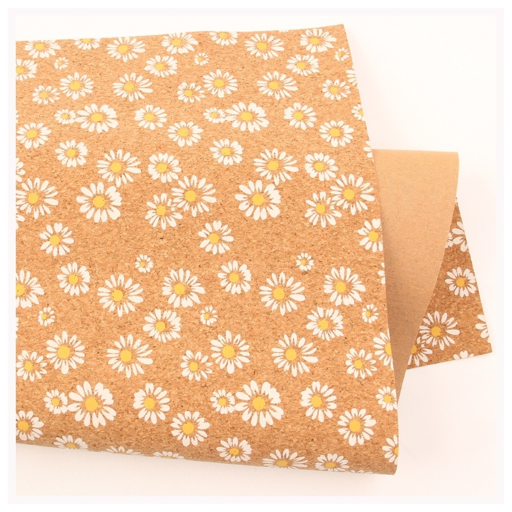 Info Cork factory wholesale printed little white sunflower daisy cork fabric leather sheet for DIY handmade kraft bags