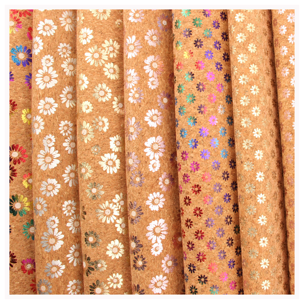 Info Cork factory direct supply printed navy sunflower daisy cork fabric leather sheet for DIY handwork notebook wallpaper cover