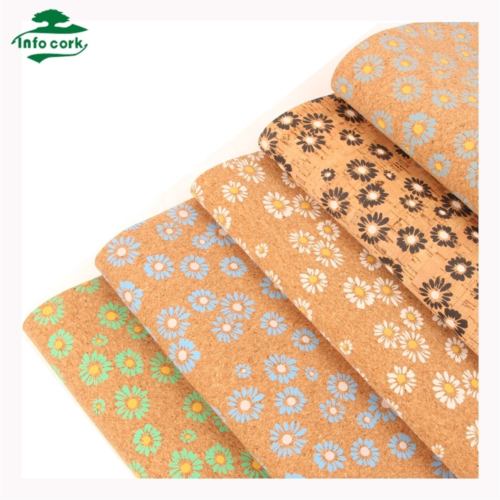 Info Cork factory wholesale printed little white sunflower daisy cork fabric leather sheet for DIY handmade kraft bags