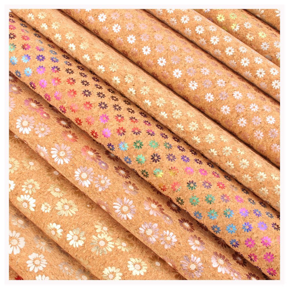 Info Cork factory direct supply printed navy sunflower daisy cork fabric leather sheet for DIY handwork notebook wallpaper cover