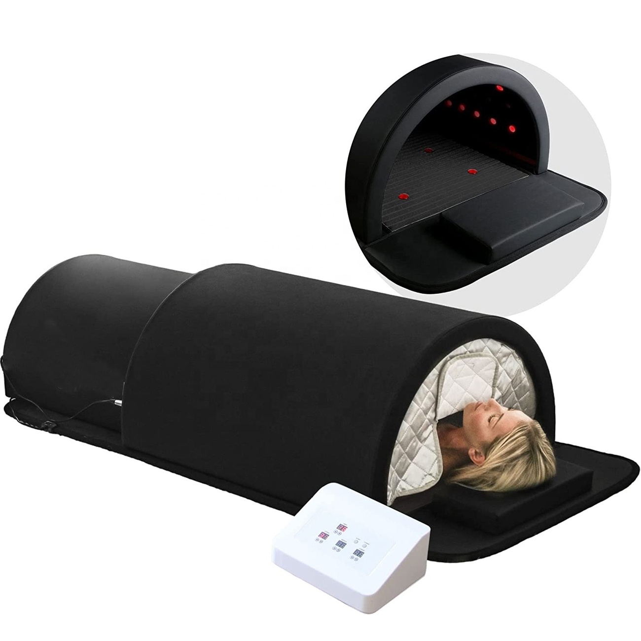 Black Color Portable Full Body Heating Far Infrared Sauna Dome with Red Photon Light PEMF Mat