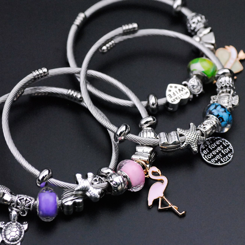 24 style New women stainless steel Coil Steel wire wristband Twist adjustable bracelet Glass beads Flamingo love charm bracelet