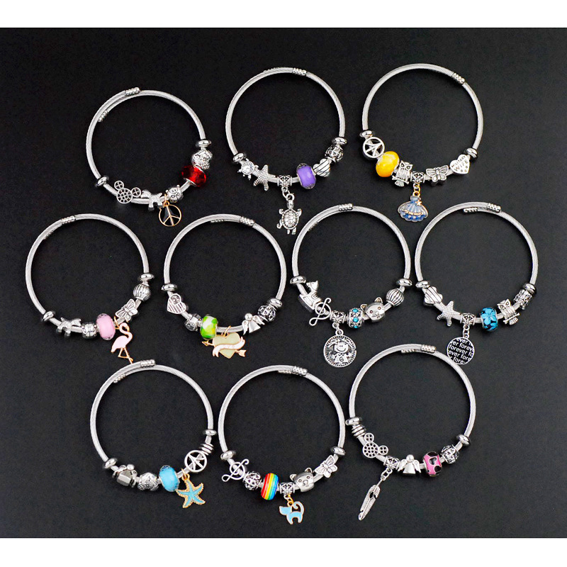 24 style New women stainless steel Coil Steel wire wristband Twist adjustable bracelet Glass beads Flamingo love charm bracelet