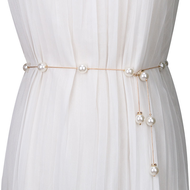 Fashion Waist chain women  Pearl Decorate Thin belt Dress with rhinestones  chain skirt belt body chain