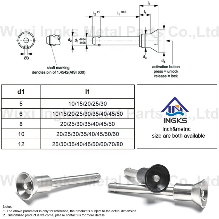 INGKS Made SS304 316 Cup Head Button Handle Ball Lock Pin Quick Release Pin