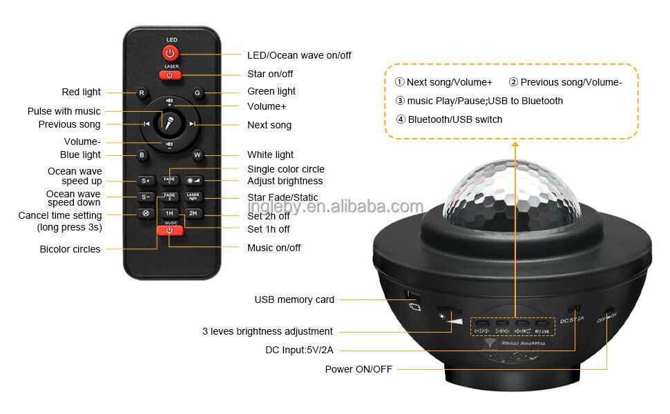 Remote Starry Sky Star Laser Night Light Projector With Music