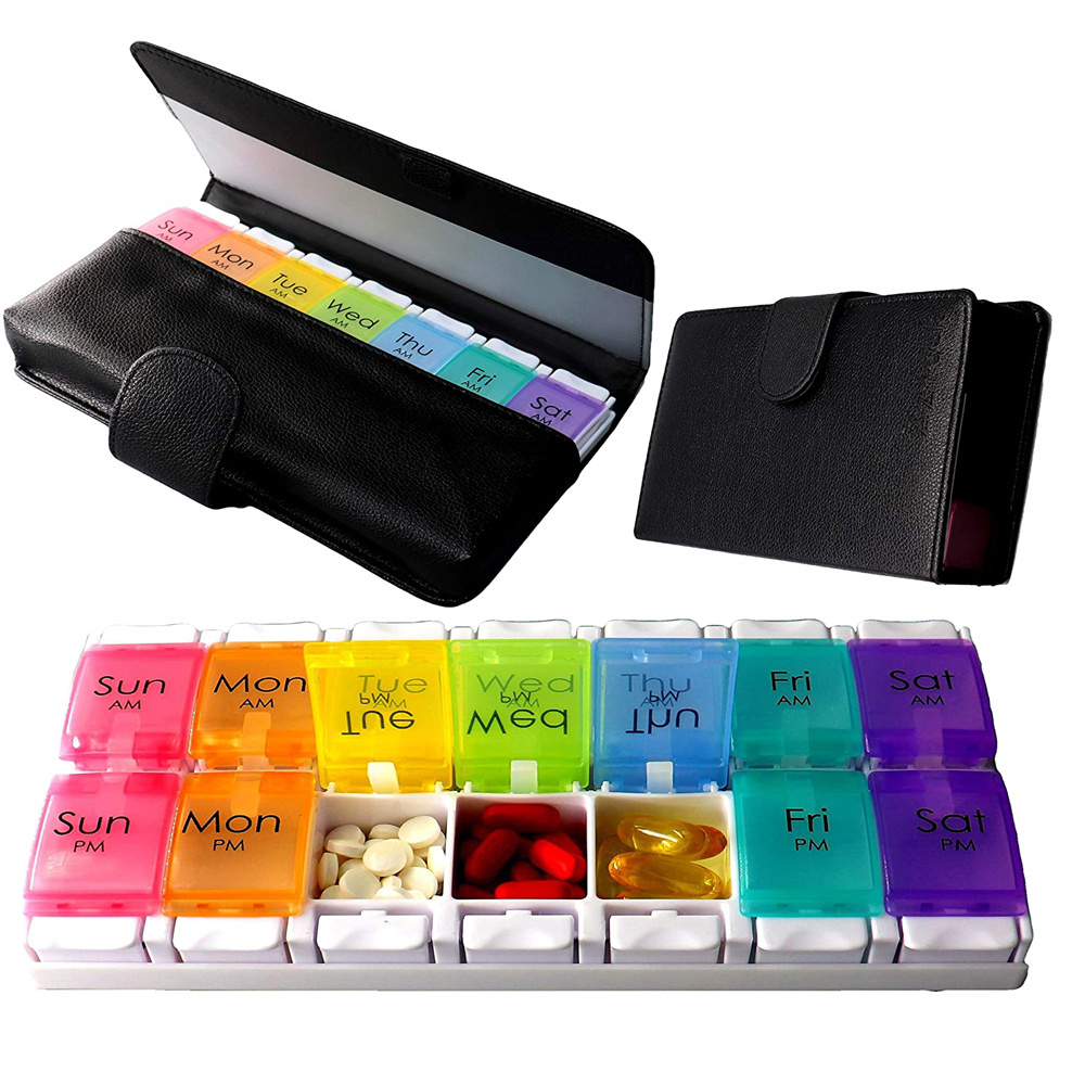 Two Times A Day Weekly 7 Days Wallet 14 Compartments Rainbow Color Button Plastic Pill Box