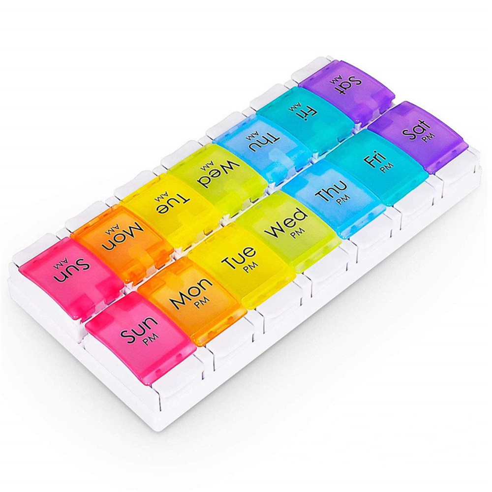 Two Times A Day Weekly 7 Days Wallet 14 Compartments Rainbow Color Button Plastic Pill Box