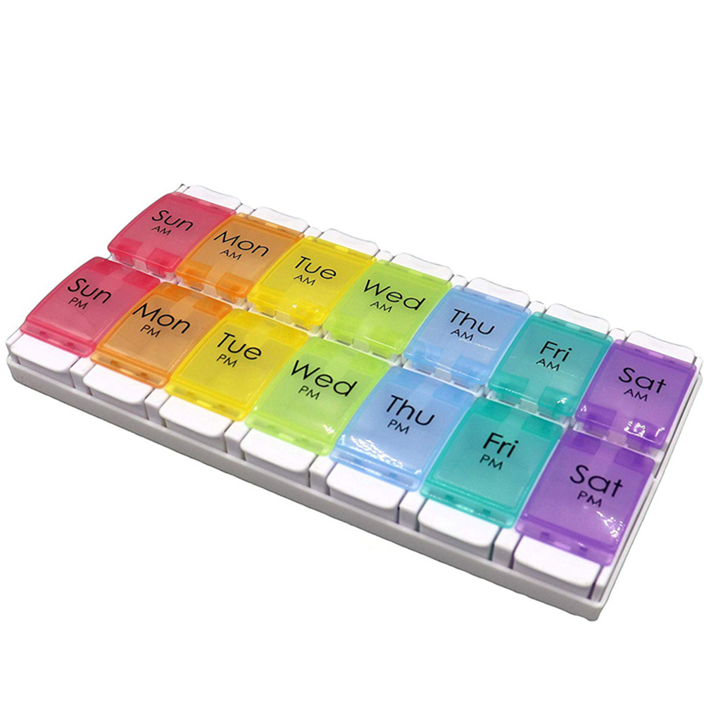 Two Times A Day Weekly 7 Days Wallet 14 Compartments Rainbow Color Button Plastic Pill Box