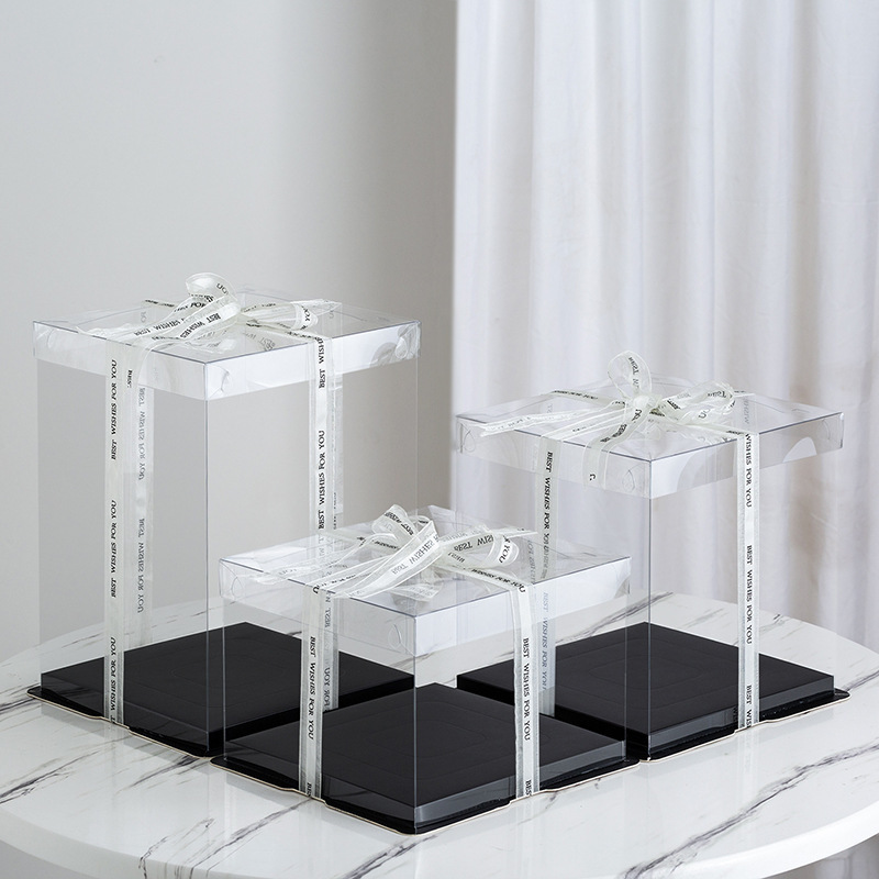 Tall  Plastic Transparent Square Rigid cake packaging Box with clear cover