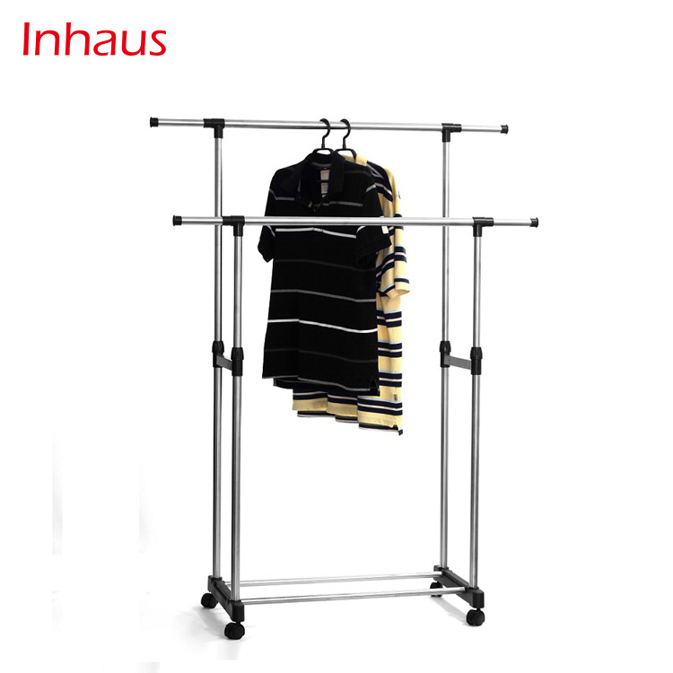 Dual pipe cloth pole hanger , Portable stainless steel clothes pole hanger , Extendable garment rack on wheels