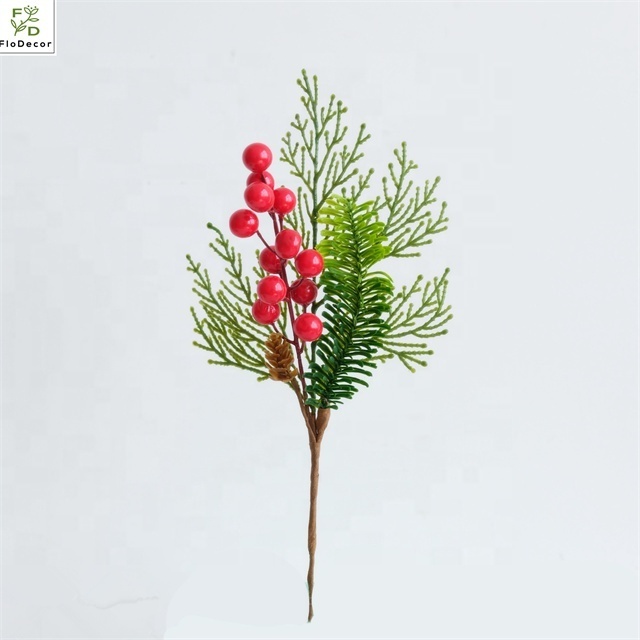 Artificial Pine Tree Plastic Cedar Spruce Leaf Branches With Red Berries For Wedding Party Home Outdoor Christmas Decoration