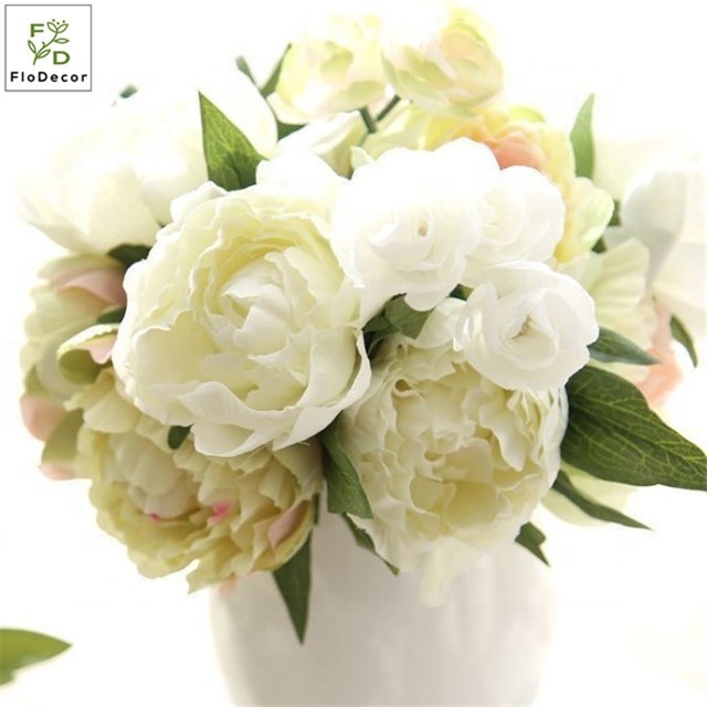 Wholesale Artificial Peony Silk Flower Bouquet Wedding Decoration Green Pink White