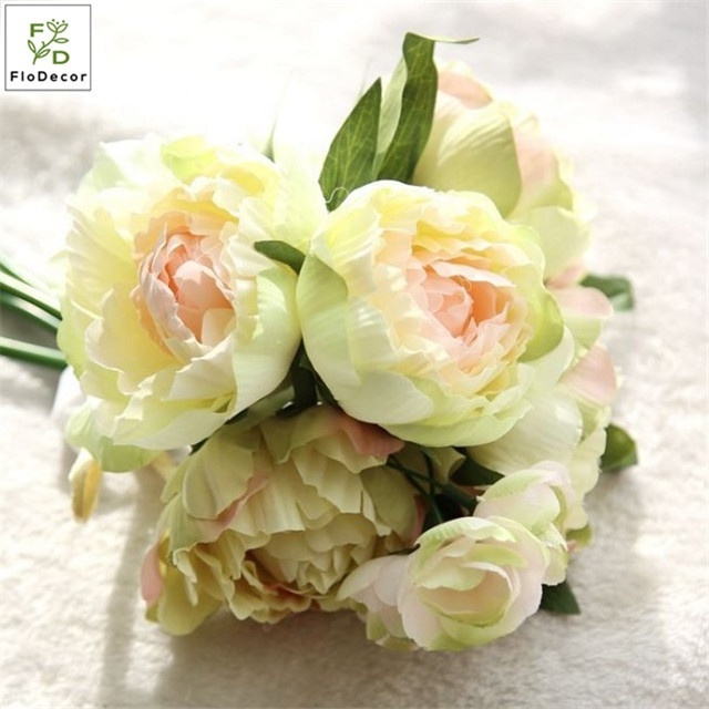 Wholesale Artificial Peony Silk Flower Bouquet Wedding Decoration Green Pink White