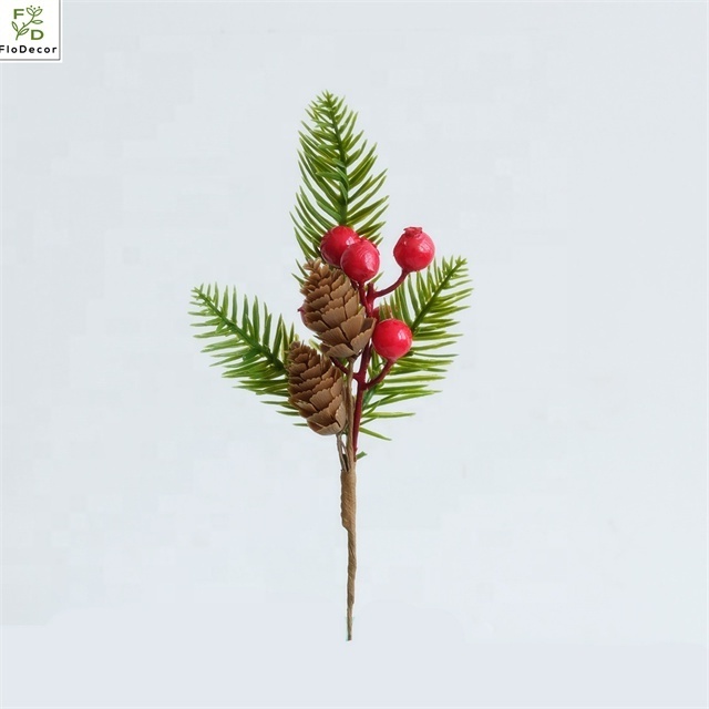 Artificial Pine Tree Plastic Cedar Spruce Leaf Branches With Red Berries For Wedding Party Home Outdoor Christmas Decoration