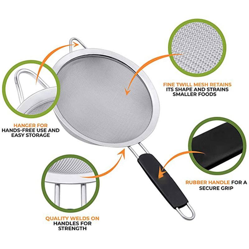 New Home Wire Sieve Sifter Set of 3 Stainless Steel Colander Fine Mesh Strainers with Insulated Handle for Kitchen Gadgets Tools