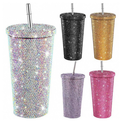 Diamond Studded Tumbler Glitter Water Bottle Stainless Steel Vacuum Thermal Rhinestone Tumbler with Straw for Pineapple Cup