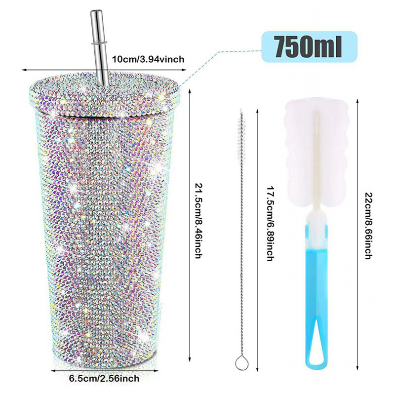 Diamond Studded Tumbler Glitter Water Bottle Stainless Steel Vacuum Thermal Rhinestone Tumbler with Straw for Pineapple Cup