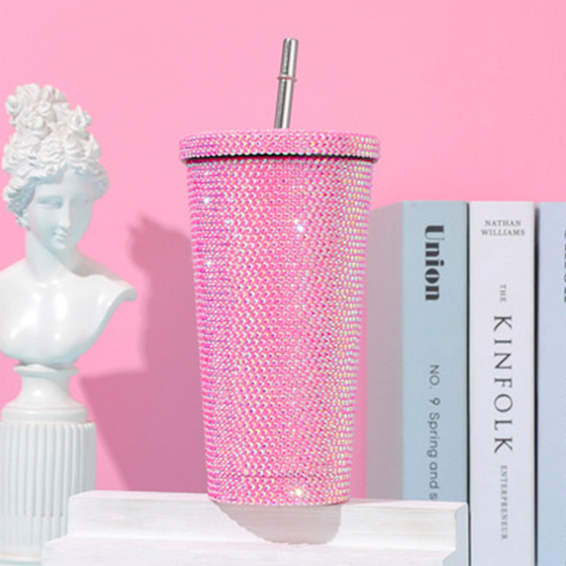 Diamond Studded Tumbler Glitter Water Bottle Stainless Steel Vacuum Thermal Rhinestone Tumbler with Straw for Pineapple Cup