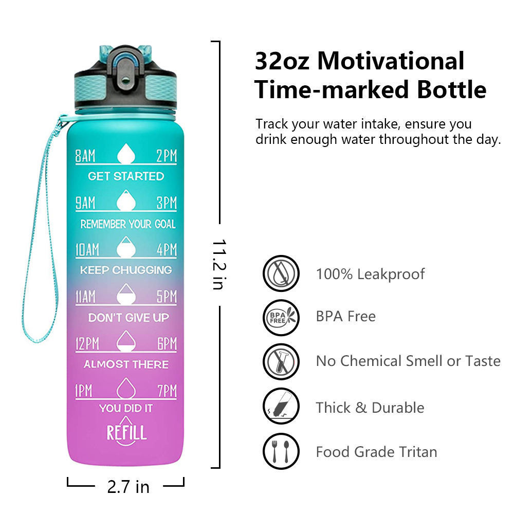 Leakproof BPA Free 1L 32 oz Tritan Motivational Water Bottle with Time Marker for Drinking Sports Water Bottle for Fitness Gym