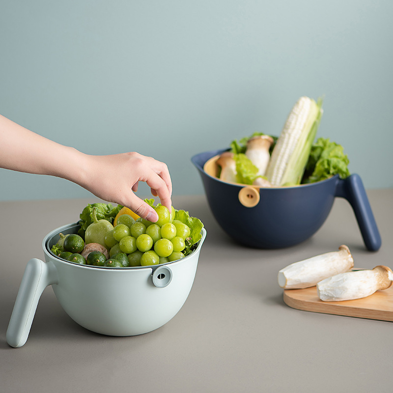 2 In 1 Double Layer Cleaning Vegetable Fruit Washing Kitchen Colander Plastic Drain Basket Strainer Bowl with Handle