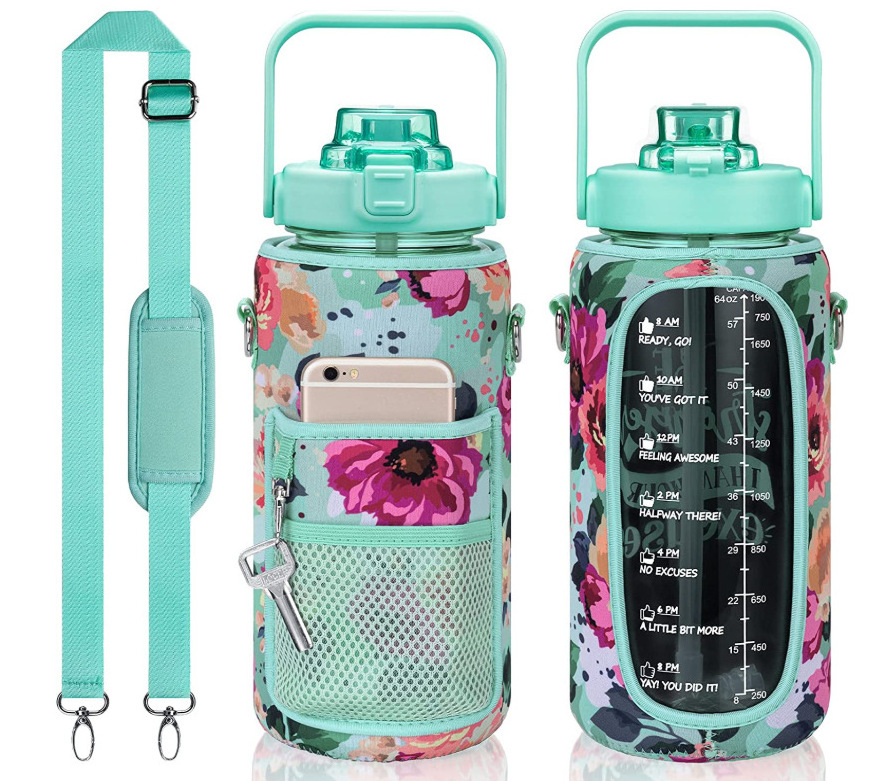 2L Half Gallon Gym PP Plastic Motivational Water Bottle with Neoprene Sleeve Carrier Storage Phone Pocket and Strap Bpa Free