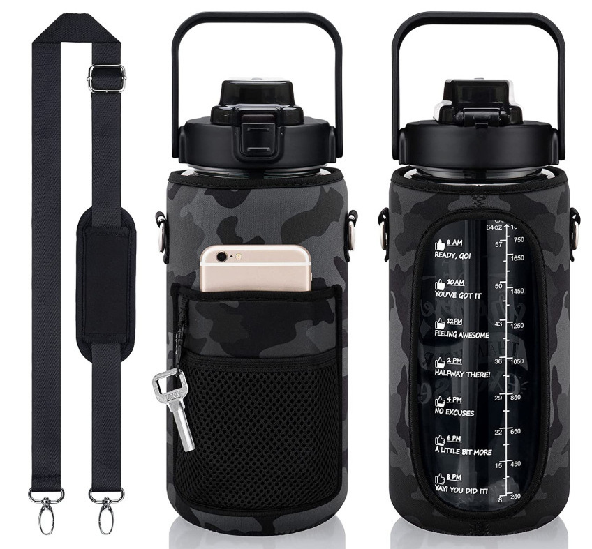 2L Half Gallon Gym PP Plastic Motivational Water Bottle with Neoprene Sleeve Carrier Storage Phone Pocket and Strap Bpa Free