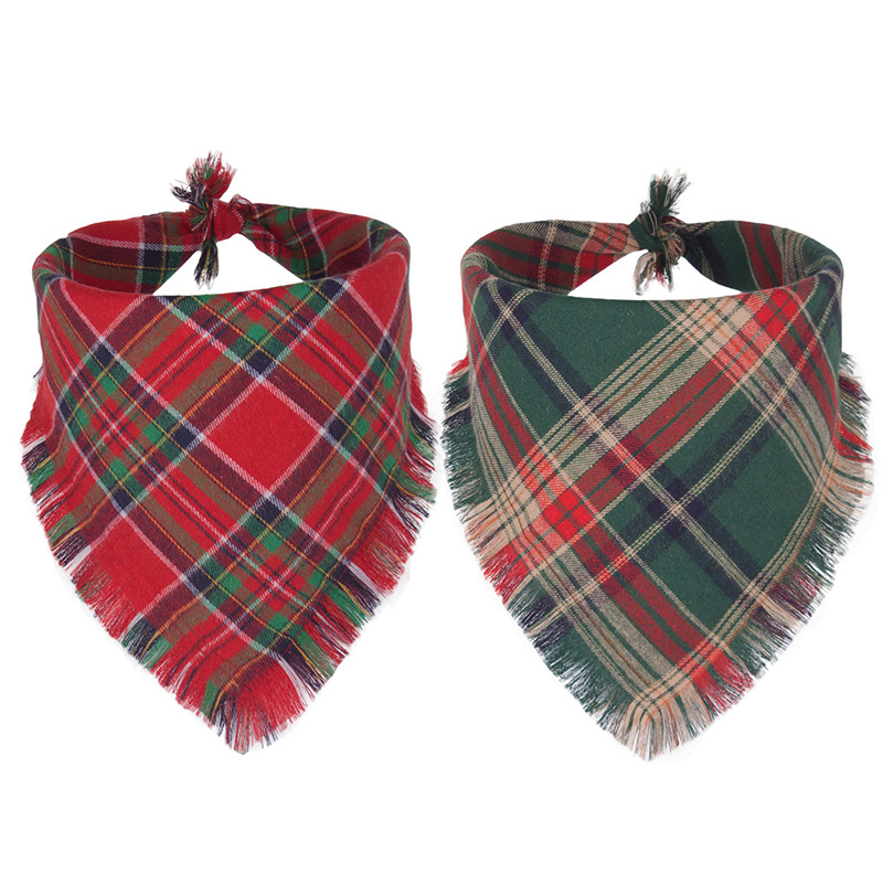 Custom Stylish Plaid Dog Bandana Bibs Scarf Christmas Pet Dog Bandanas with Tassels Edges for Festival