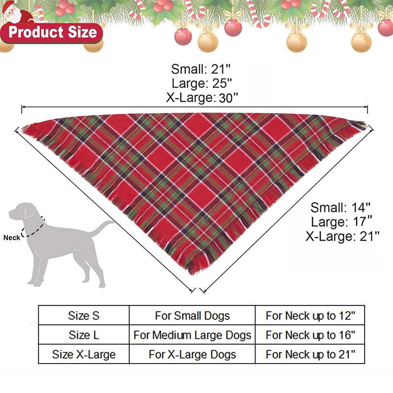 Custom Stylish Plaid Dog Bandana Bibs Scarf Christmas Pet Dog Bandanas with Tassels Edges for Festival