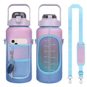 2L Half Gallon Gym PP Plastic Motivational Water Bottle with Neoprene Sleeve Carrier Storage Phone Pocket and Strap Bpa Free